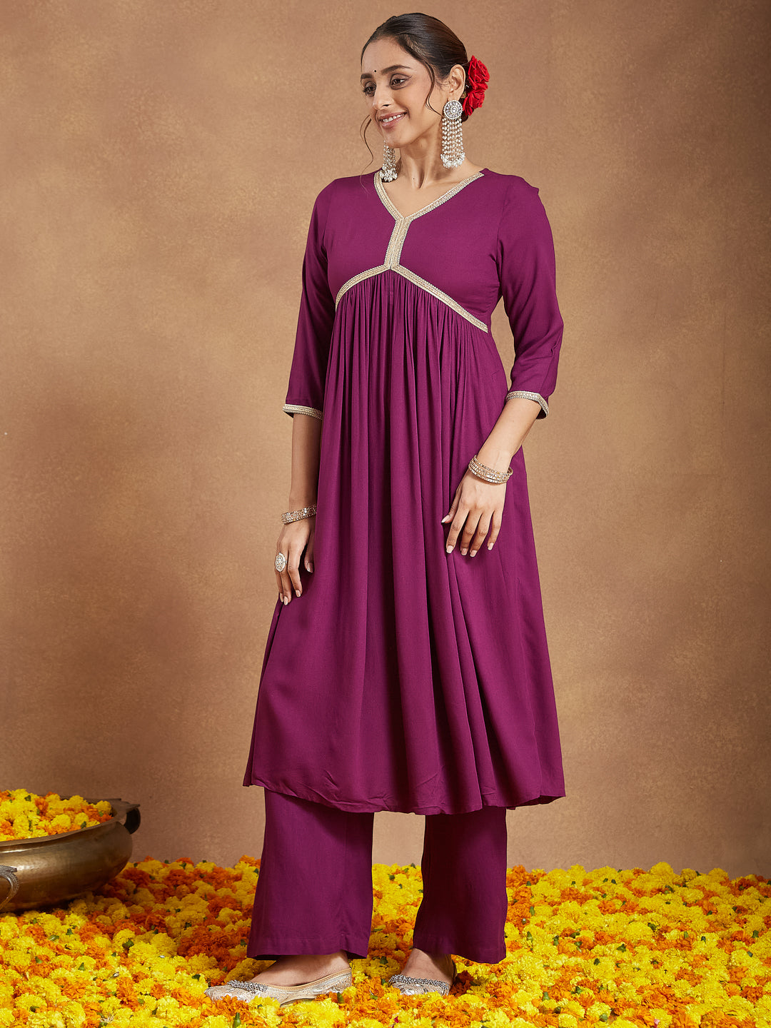 Ninnique Women's Purple Rayon Embellished A-line Kurta Set