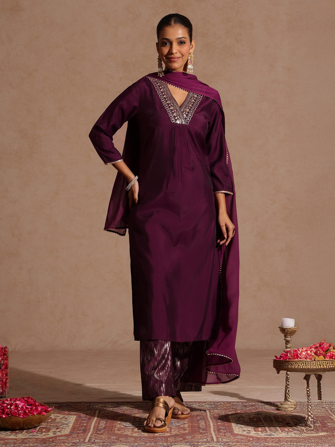 Ninnique Women's Wine Chanderi Silk Embellished Straight Kurta Set