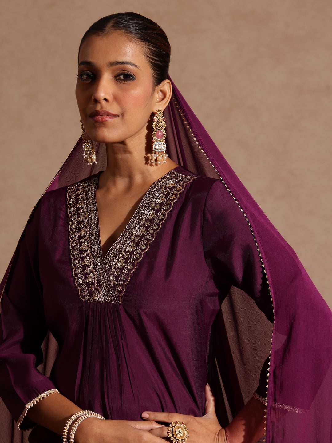 Ninnique Women's Wine Chanderi Silk Embellished Straight Kurta Set