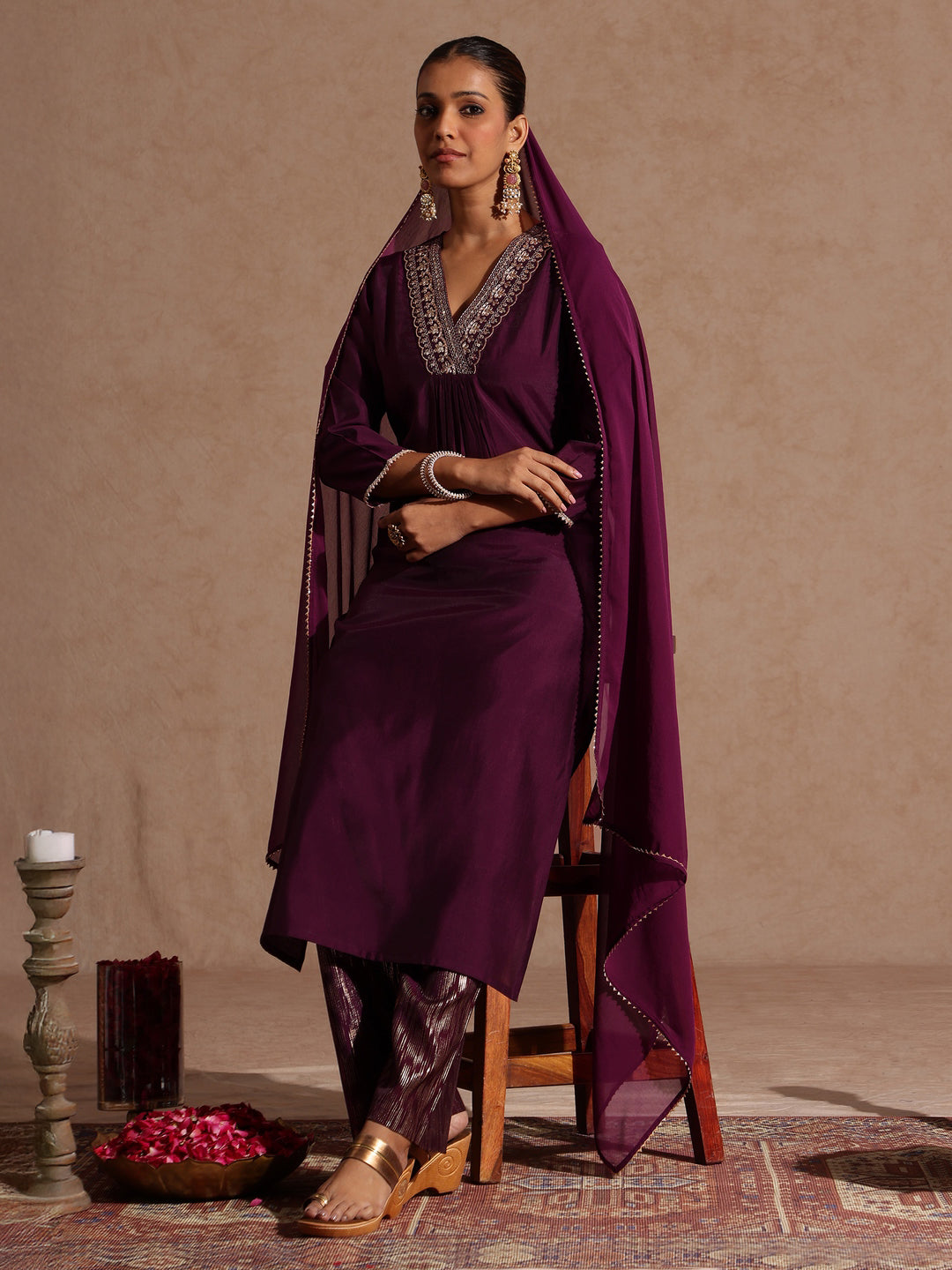 Ninnique Women's Wine Chanderi Silk Embellished Straight Kurta Set