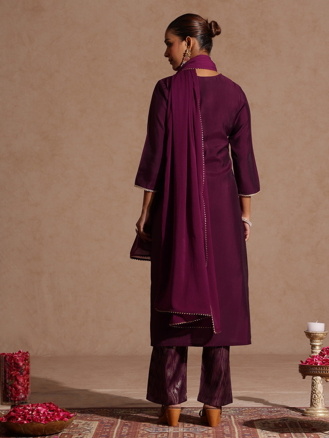 Ninnique Women's Wine Chanderi Silk Embellished Straight Kurta Set
