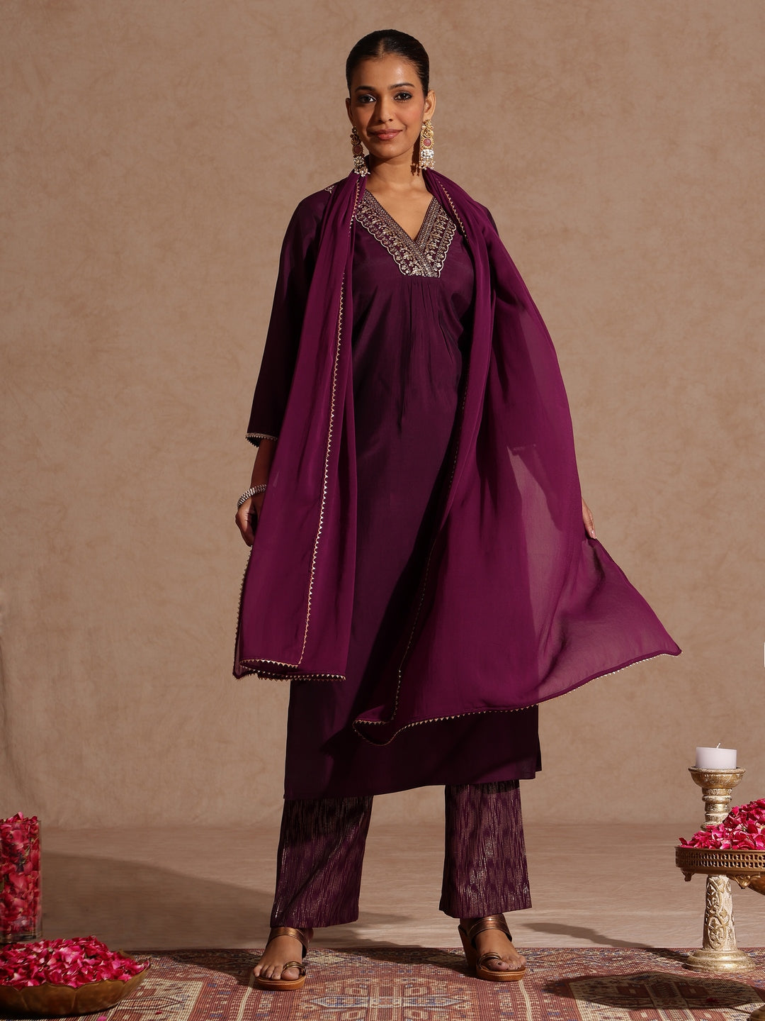 Ninnique Women's Wine Chanderi Silk Embellished Straight Kurta Set