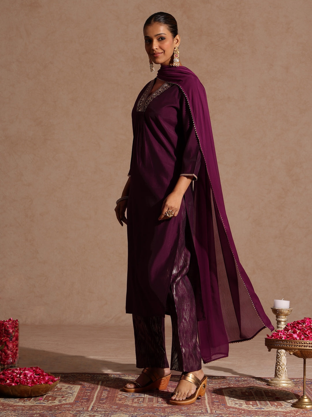 Ninnique Women's Wine Chanderi Silk Embellished Straight Kurta Set
