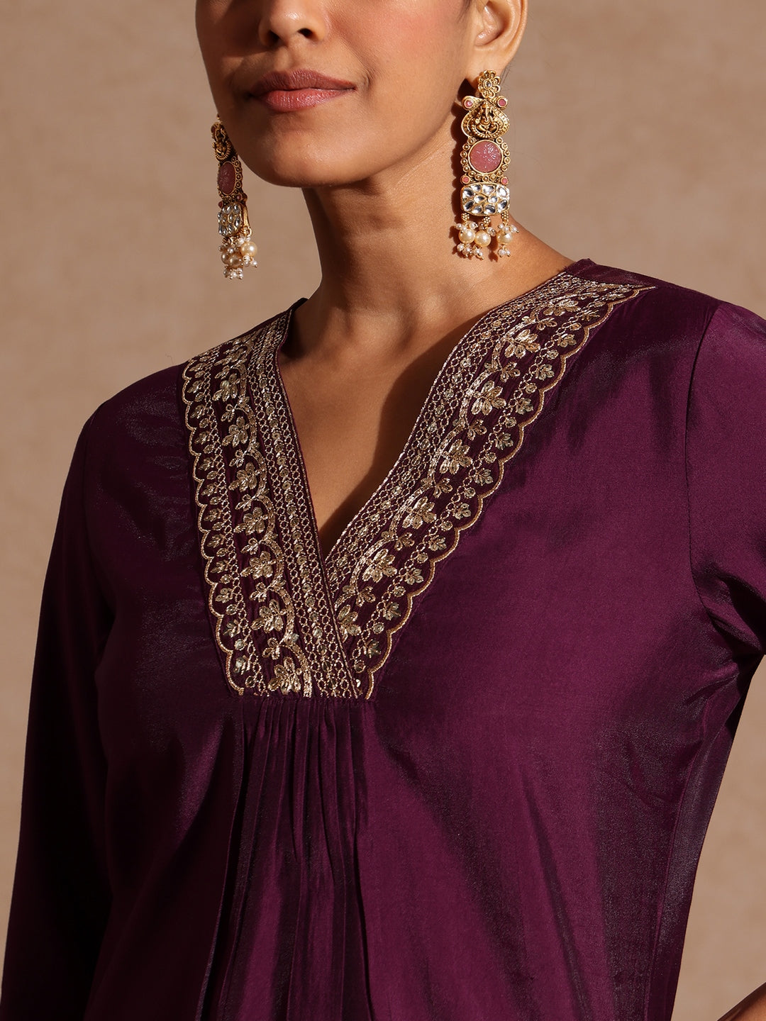 Ninnique Women's Wine Chanderi Silk Embellished Straight Kurta Set