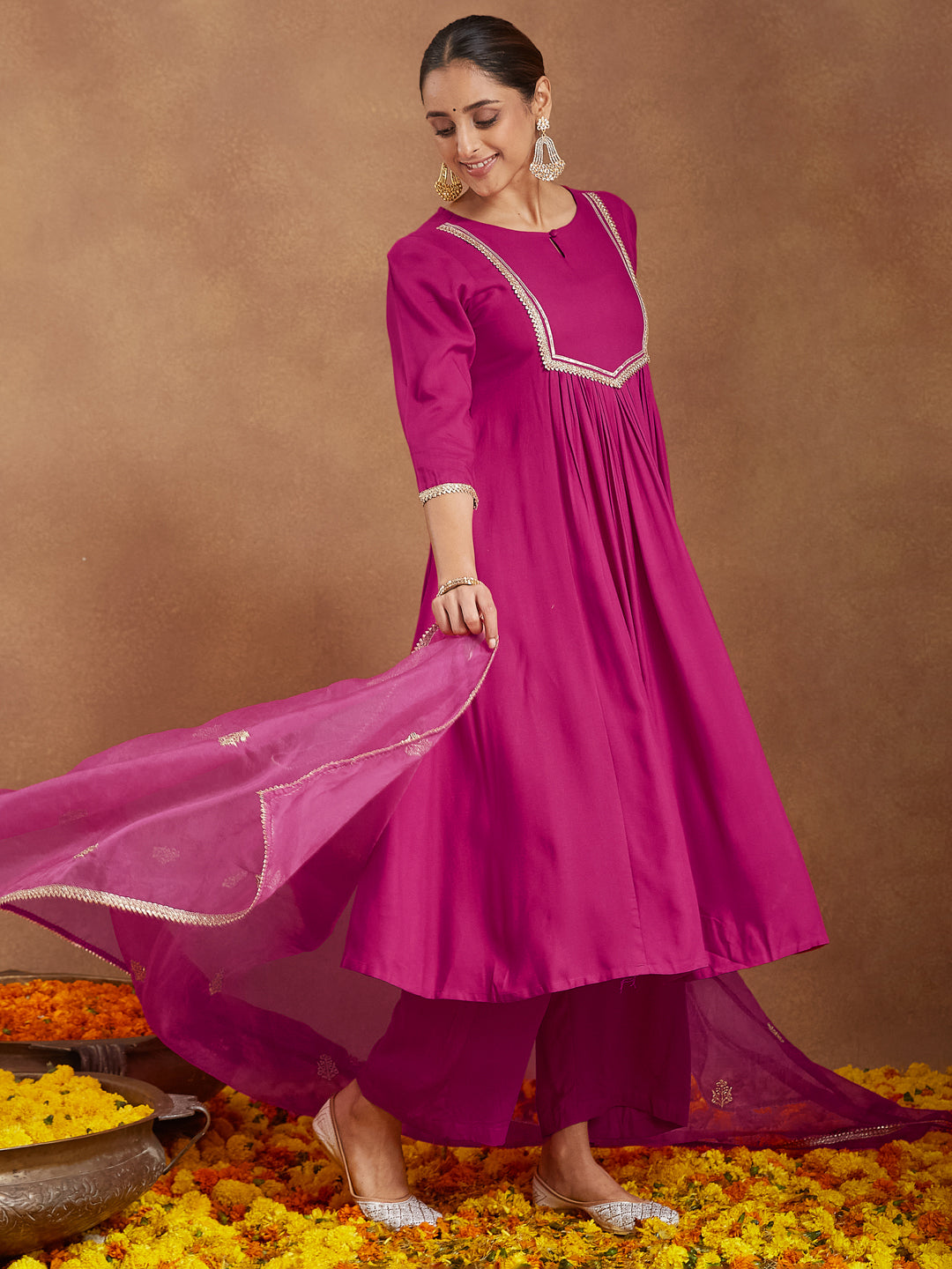 Ninnique Women's Pink Rayon Yoke Design A-line Kurta With Palazzo & Dupatta Set