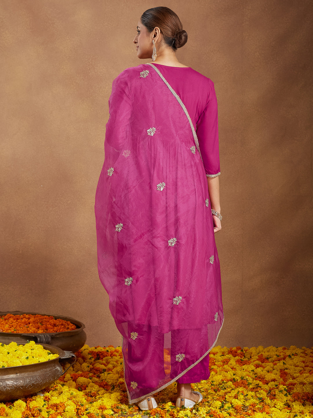 Ninnique Women's Pink Rayon Yoke Design A-line Kurta With Palazzo & Dupatta Set