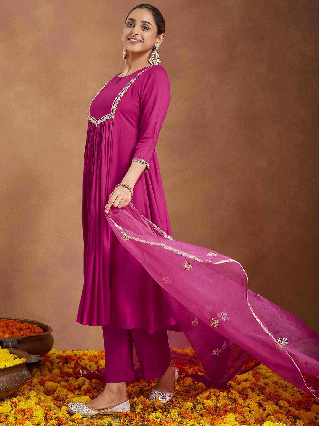 Ninnique Women's Pink Rayon Yoke Design A-line Kurta With Palazzo & Dupatta Set