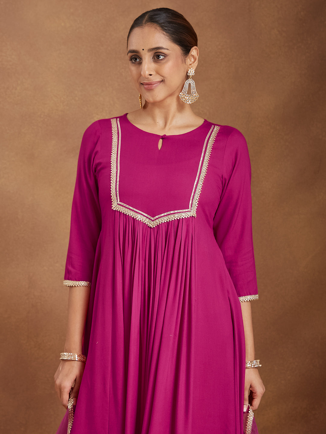 Ninnique Women's Pink Rayon Yoke Design A-line Kurta With Palazzo & Dupatta Set