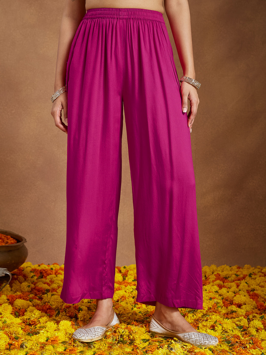 Ninnique Women's Pink Rayon Yoke Design A-line Kurta With Palazzo & Dupatta Set
