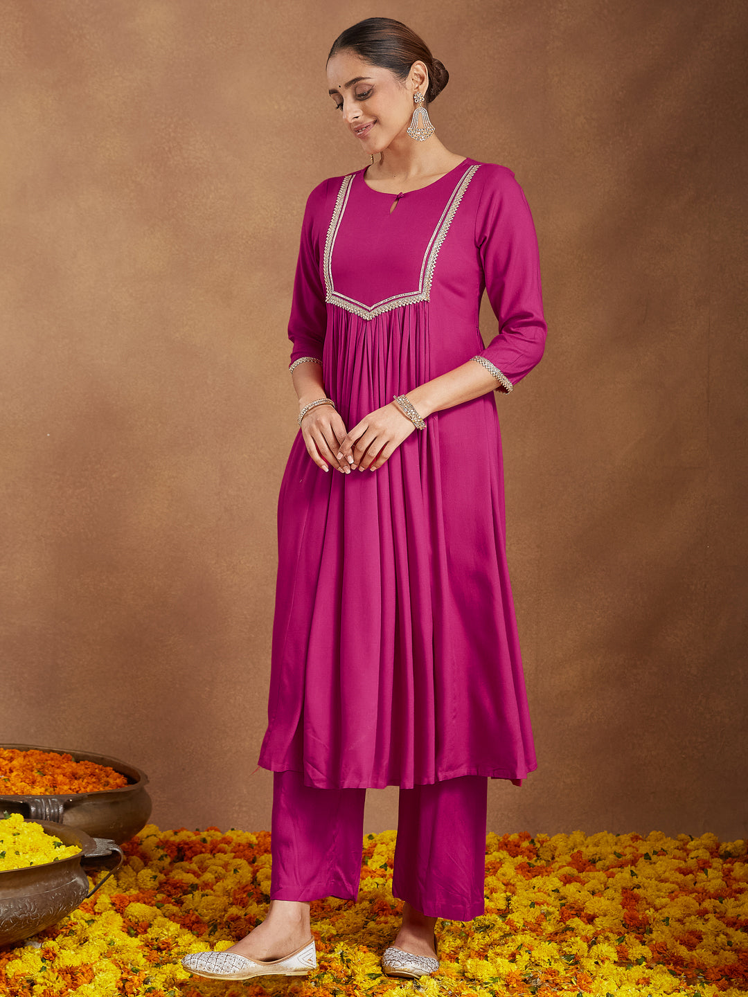 Ninnique Women's Pink Rayon Yoke Design A-line Kurta With Palazzo & Dupatta Set