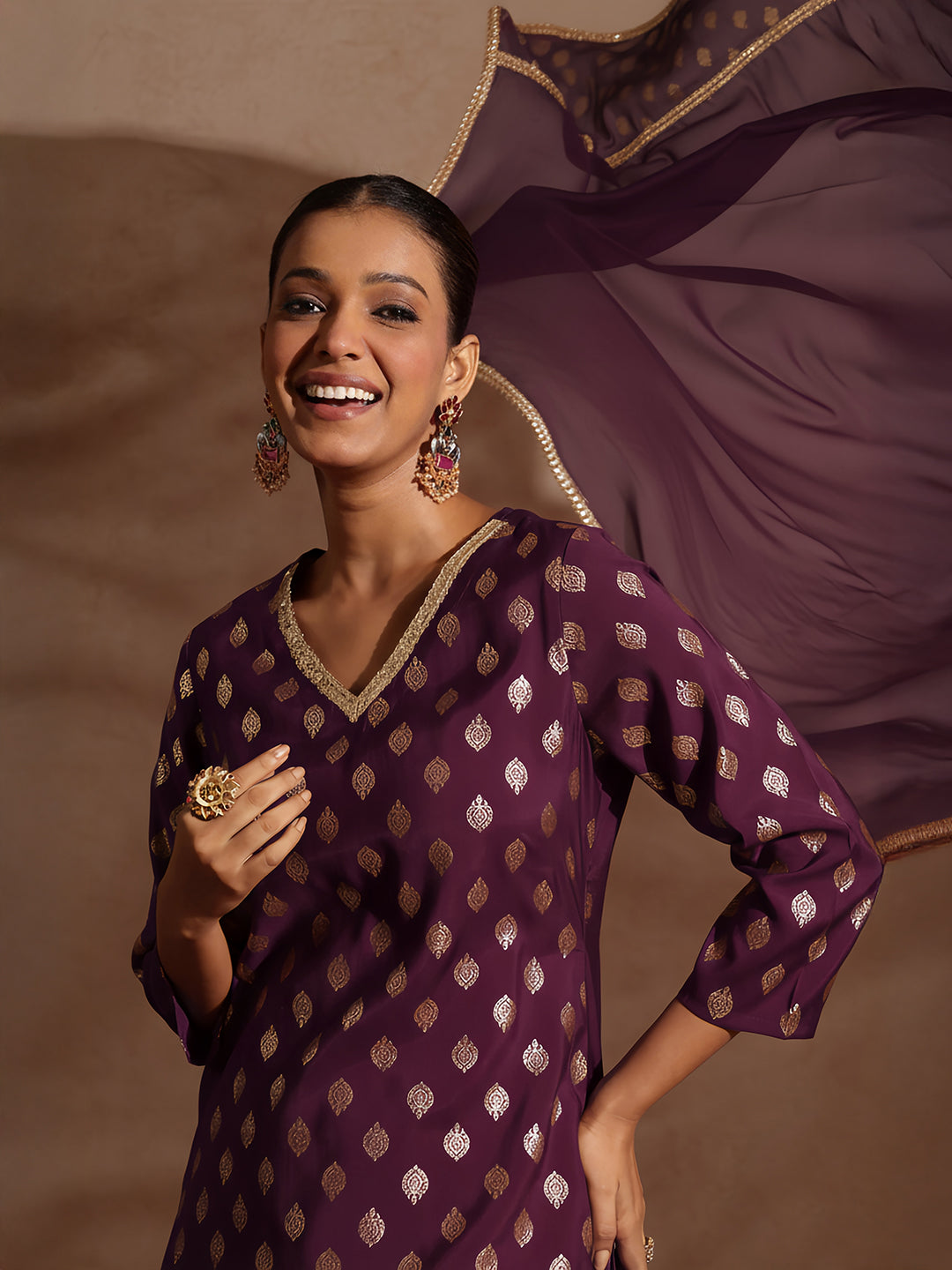 Ninnique Women's Purple Chanderi Silk Embellished Gold Printed Kurta With Sharara & Dupatta Set