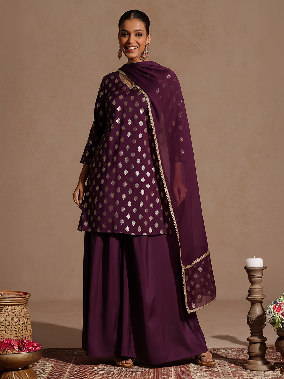 Ninnique Women's Purple Chanderi Silk Embellished Gold Printed Kurta With Sharara & Dupatta Set