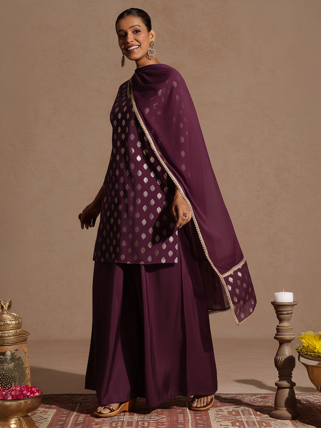 Ninnique Women's Purple Chanderi Silk Embellished Gold Printed Kurta With Sharara & Dupatta Set