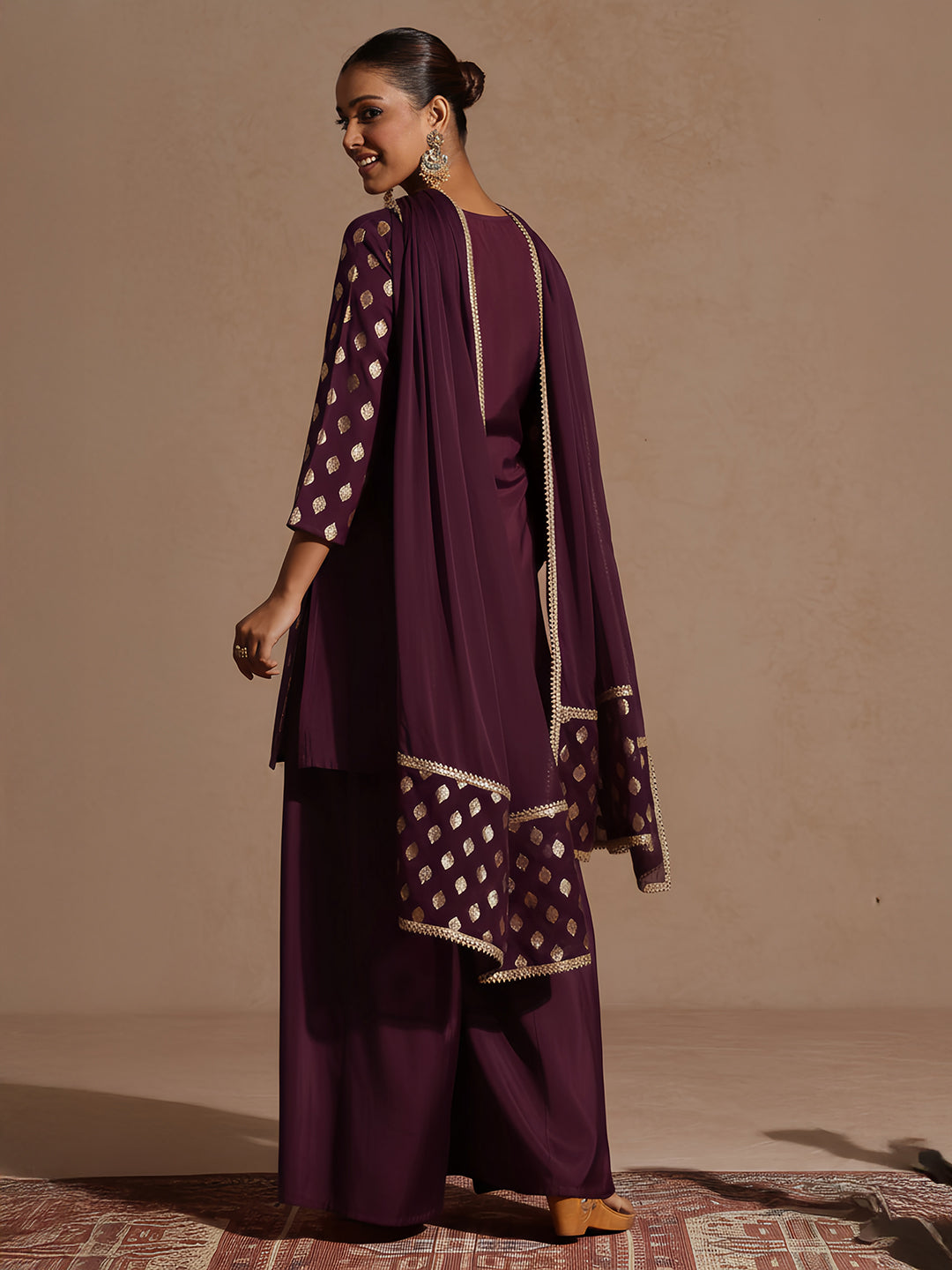 Ninnique Women's Purple Chanderi Silk Embellished Gold Printed Kurta With Sharara & Dupatta Set