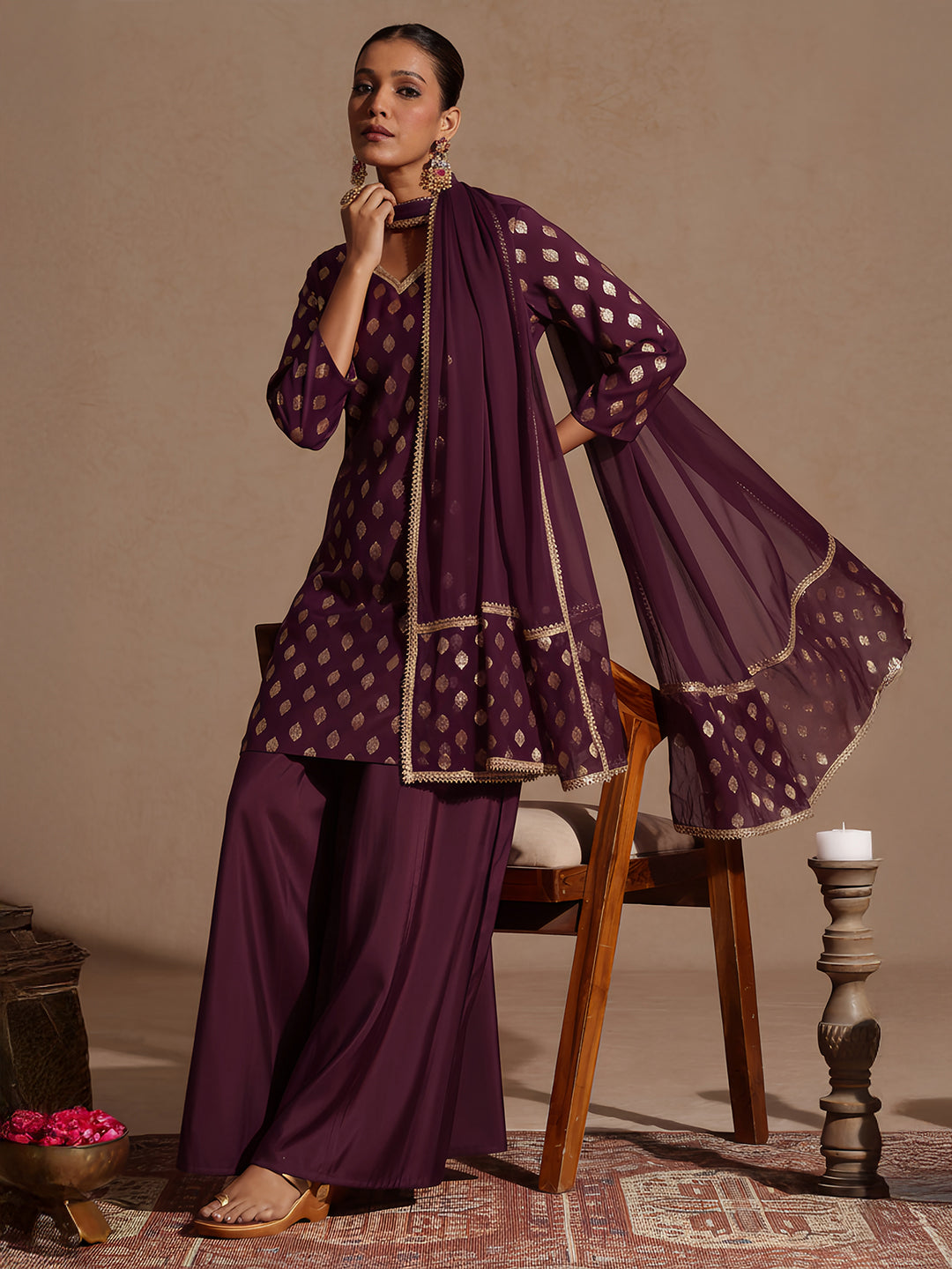 Ninnique Women's Purple Chanderi Silk Embellished Gold Printed Kurta With Sharara & Dupatta Set
