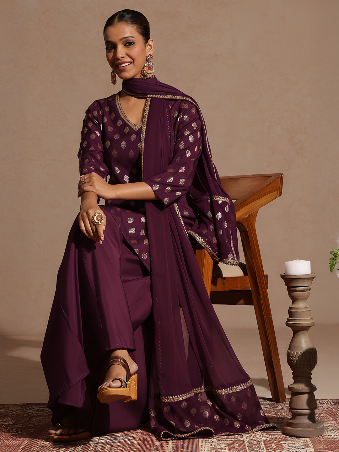 Ninnique Women's Purple Chanderi Silk Embellished Gold Printed Kurta With Sharara & Dupatta Set