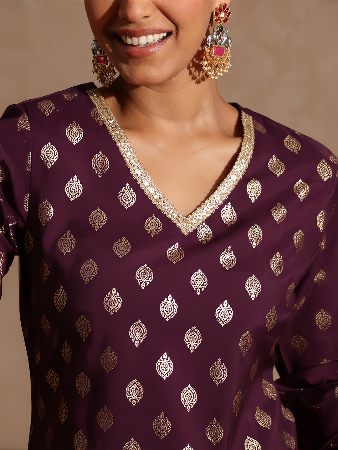 Ninnique Women's Purple Chanderi Silk Embellished Gold Printed Kurta With Sharara & Dupatta Set