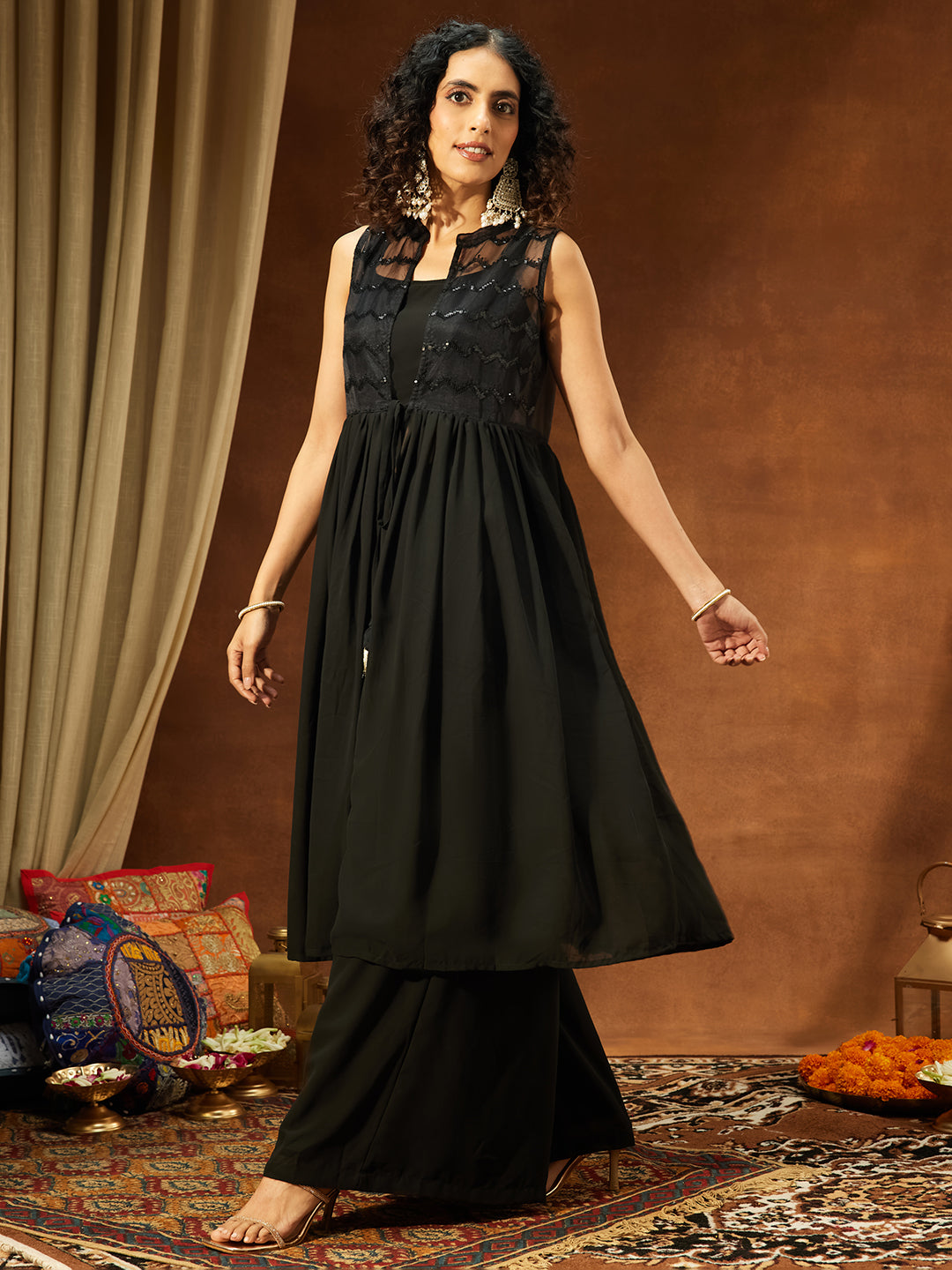Ninnique Women Black Georgette Sequinned Front-slit Jacket With Crop Top & Palazzo Set
