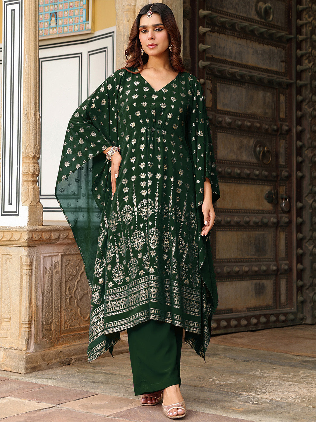 Ninnique Women's Bottle Green Georgette Foil Printed Kaftan Kurta With Palazzo Set