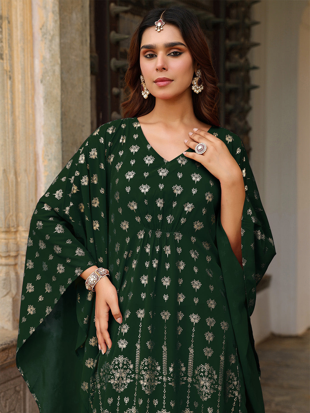 Ninnique Women's Bottle Green Georgette Foil Printed Kaftan Kurta With Palazzo Set