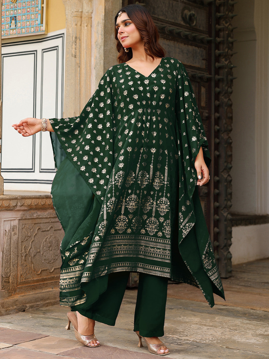 Ninnique Women's Bottle Green Georgette Foil Printed Kaftan Kurta With Palazzo Set