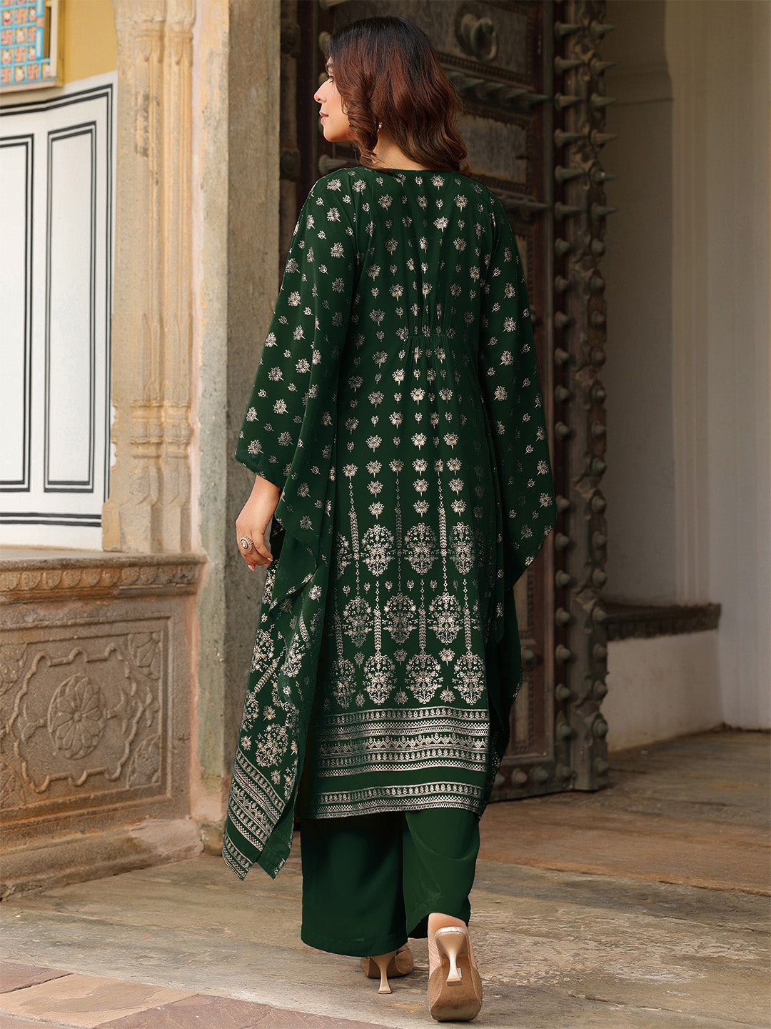 Ninnique Women's Bottle Green Georgette Foil Printed Kaftan Kurta With Palazzo Set