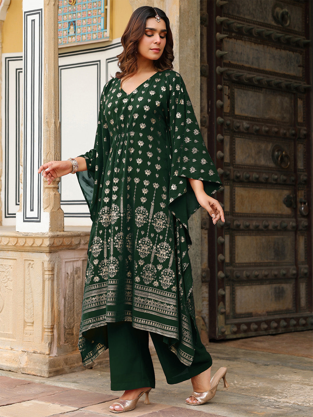 Ninnique Women's Bottle Green Georgette Foil Printed Kaftan Kurta With Palazzo Set