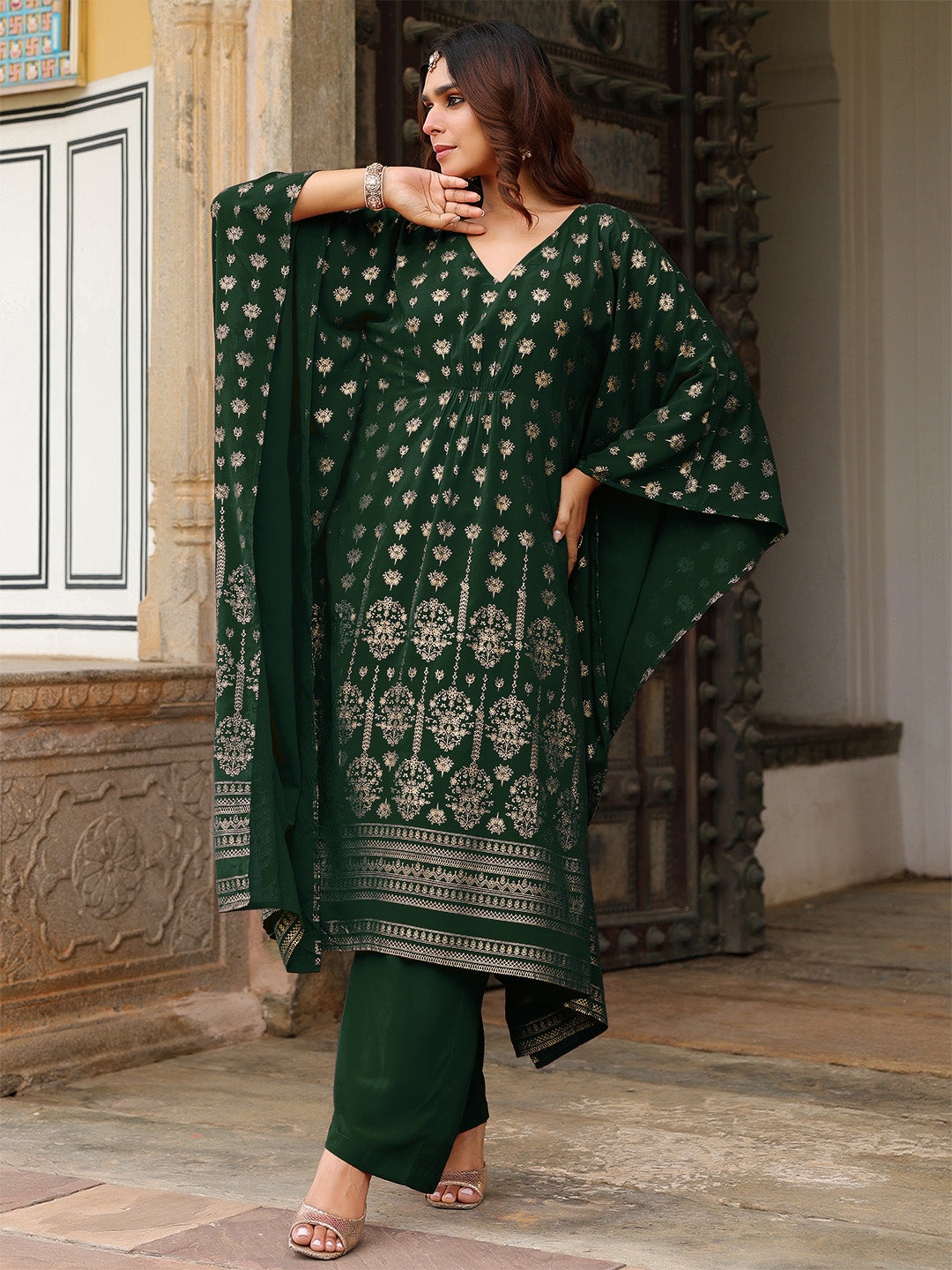 Ninnique Women's Bottle Green Georgette Foil Printed Kaftan Kurta With Palazzo Set