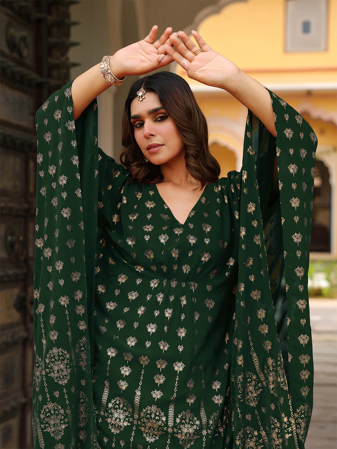 Ninnique Women's Bottle Green Georgette Foil Printed Kaftan Kurta With Palazzo Set