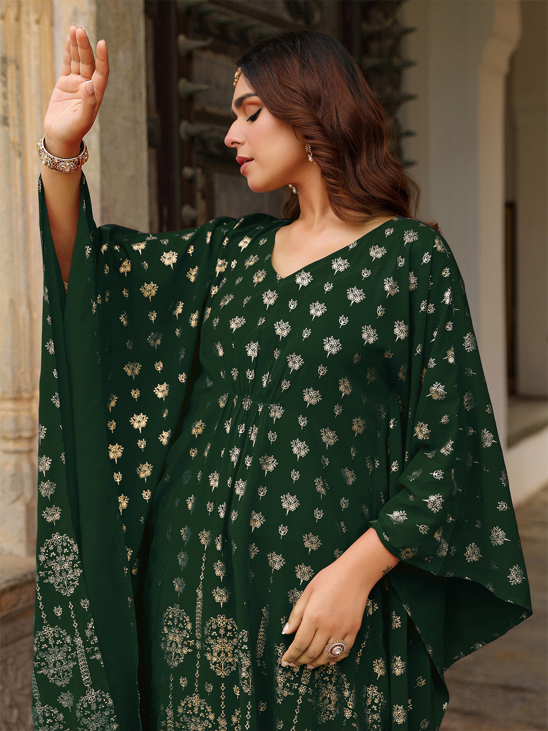 Ninnique Women's Bottle Green Georgette Foil Printed Kaftan Kurta With Palazzo Set