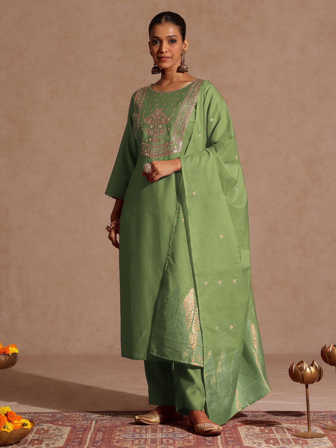 Ninnique Women's Sage Green Silk Blend Zari Yoke Embroidered Straight Kurta Set With Dupatta