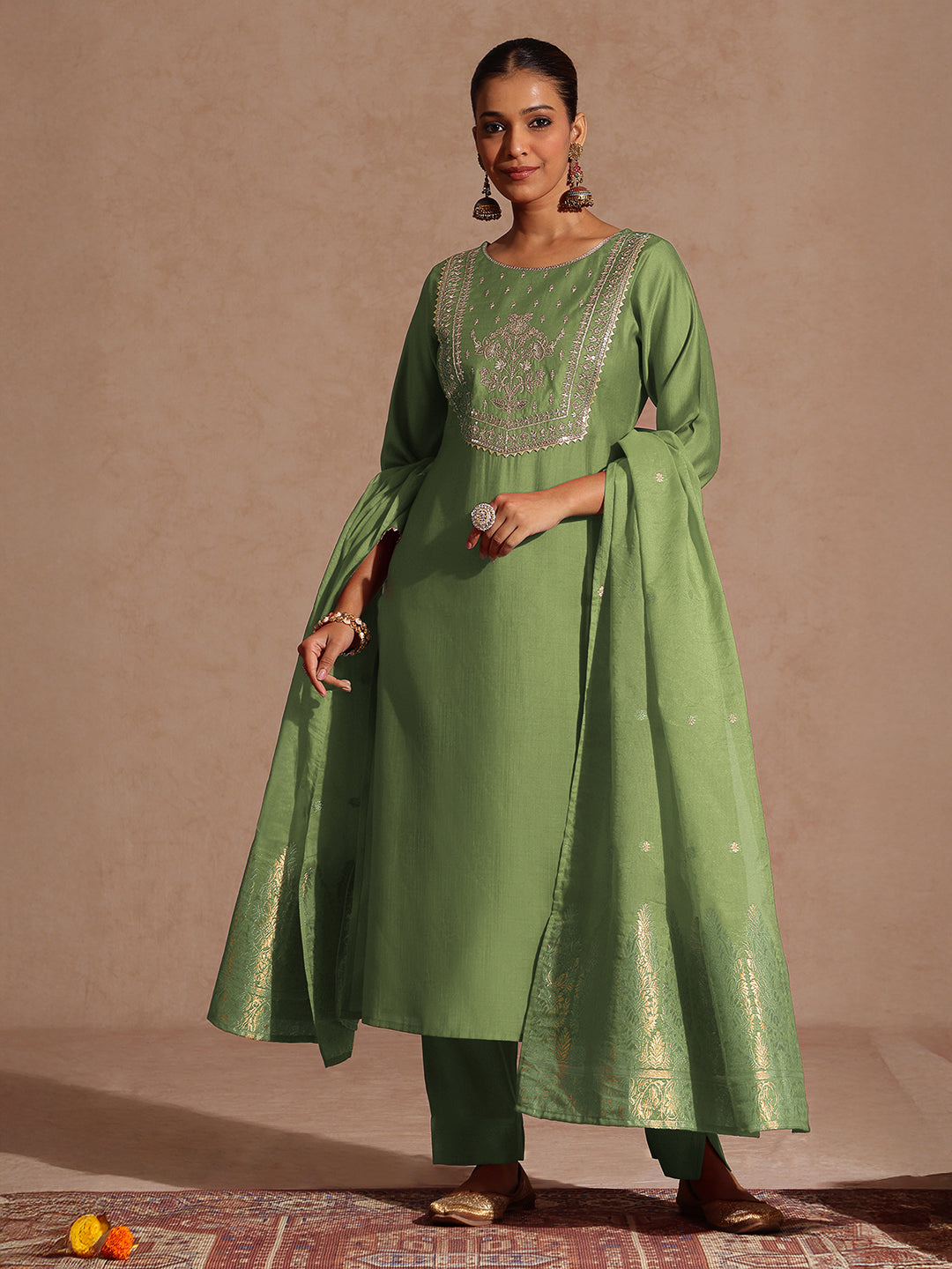 Ninnique Women's Sage Green Silk Blend Zari Yoke Embroidered Straight Kurta Set With Dupatta