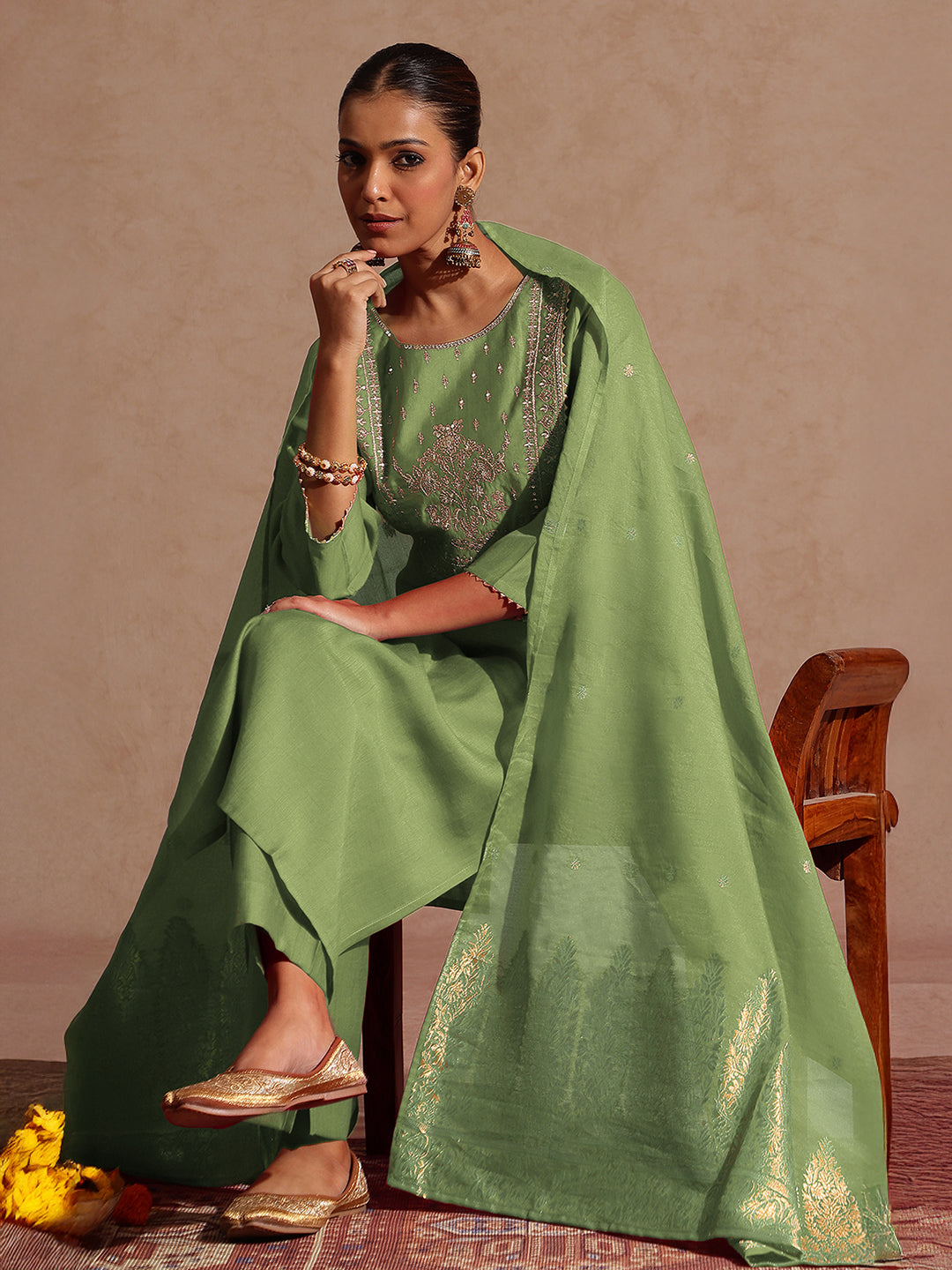 Ninnique Women's Sage Green Silk Blend Zari Yoke Embroidered Straight Kurta Set With Dupatta