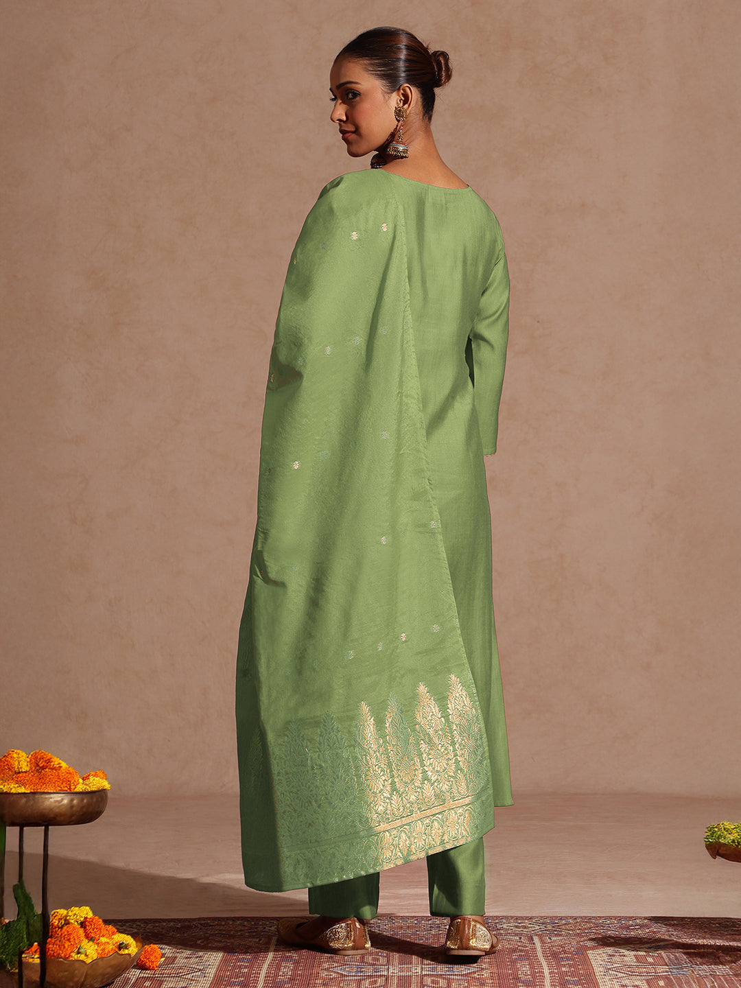 Ninnique Women's Sage Green Silk Blend Zari Yoke Embroidered Straight Kurta Set With Dupatta