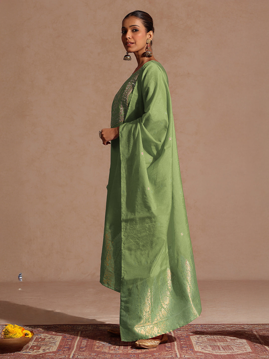 Ninnique Women's Sage Green Silk Blend Zari Yoke Embroidered Straight Kurta Set With Dupatta