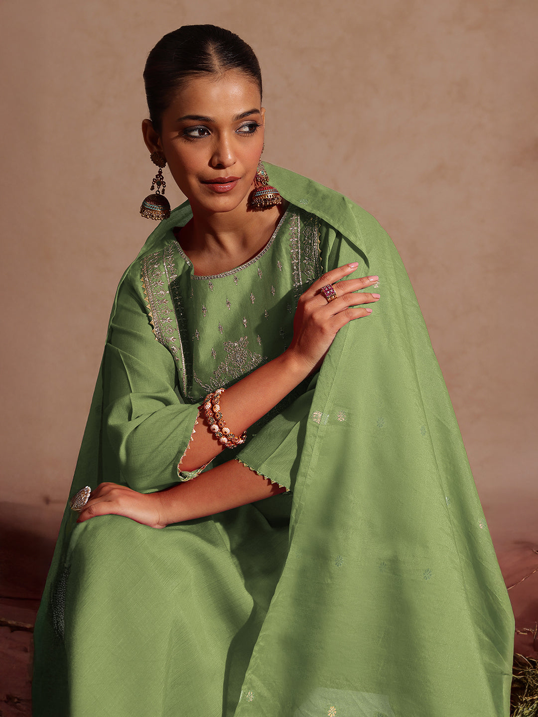 Ninnique Women's Sage Green Silk Blend Zari Yoke Embroidered Straight Kurta Set With Dupatta