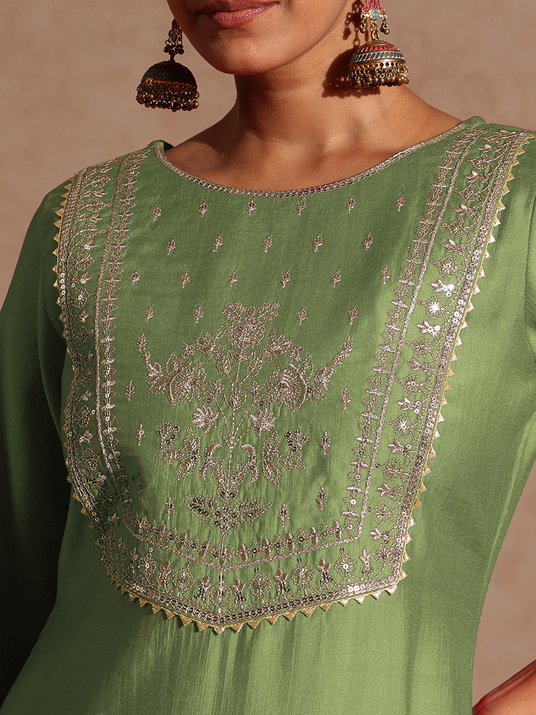 Ninnique Women's Sage Green Silk Blend Zari Yoke Embroidered Straight Kurta Set With Dupatta