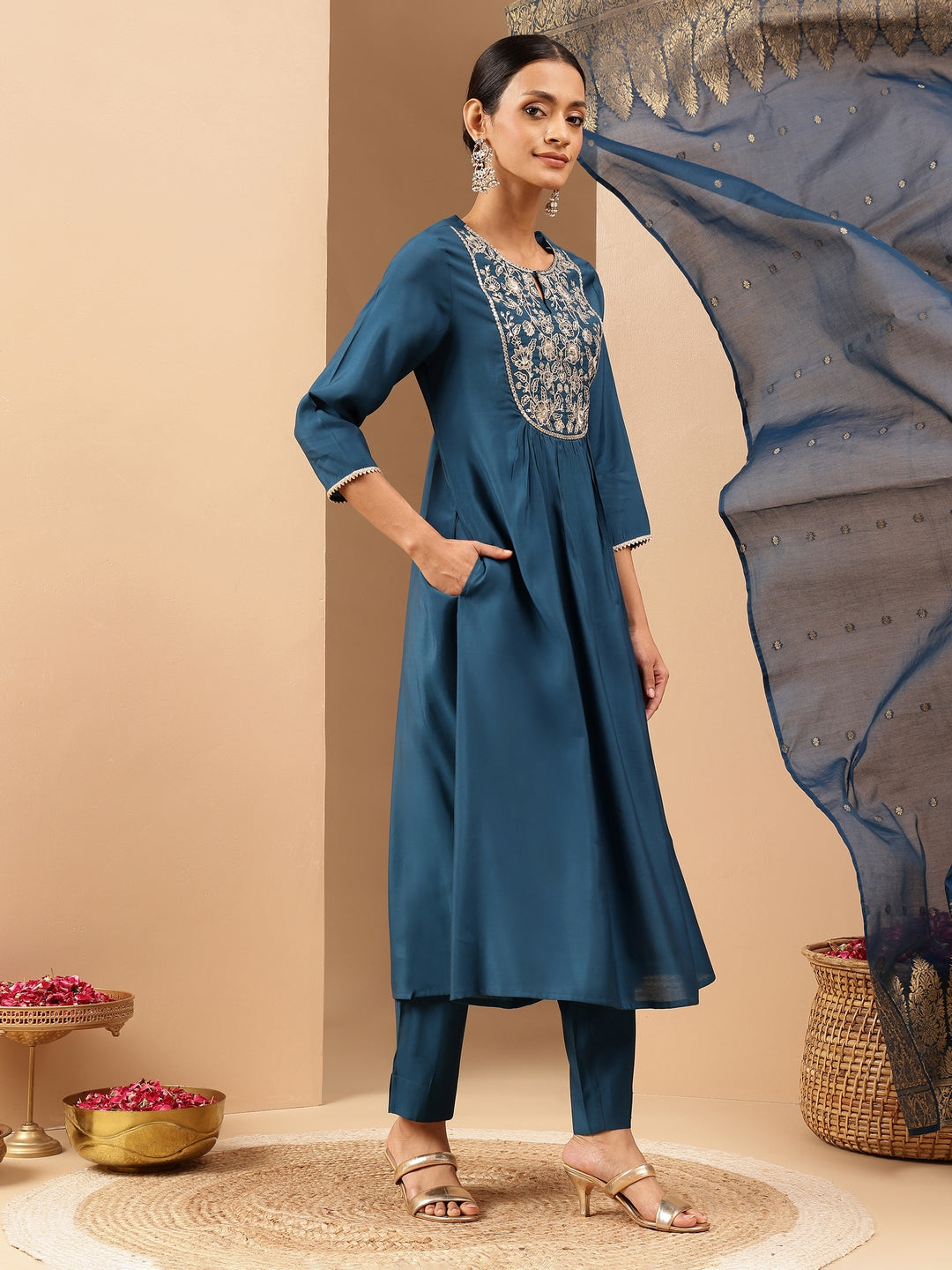 Ninnique Women's Teal Chanderi Silk Zari Yoke Embroidered A-line Kurta Set With Dupatta