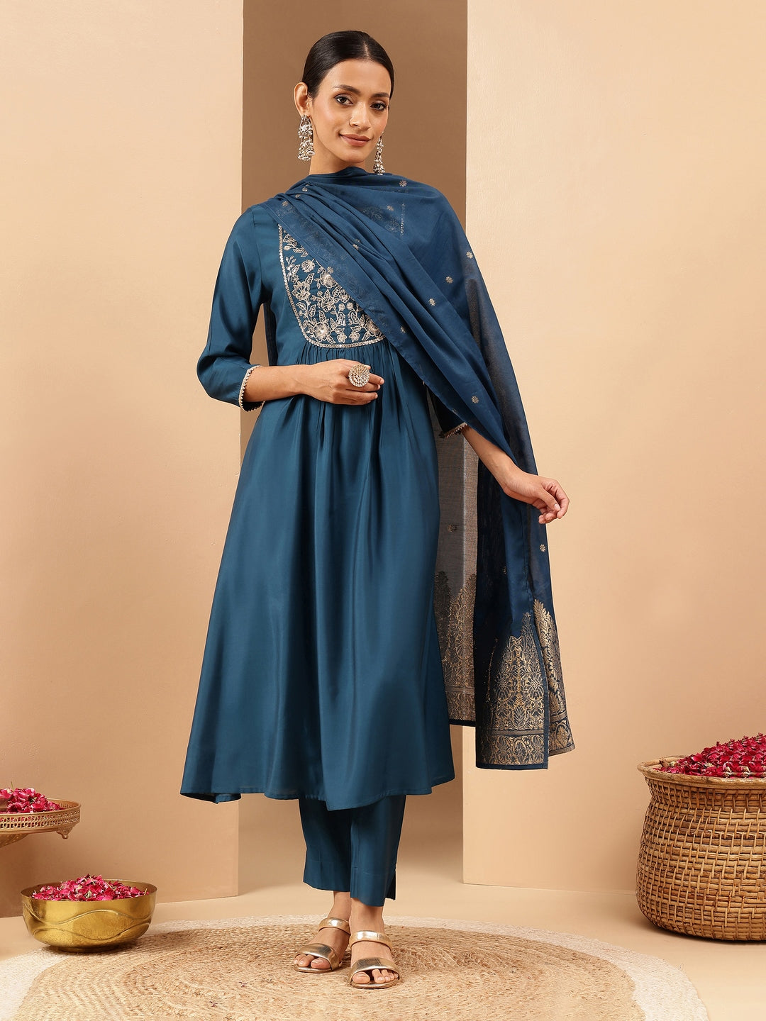 Ninnique Women's Teal Chanderi Silk Zari Yoke Embroidered A-line Kurta Set With Dupatta