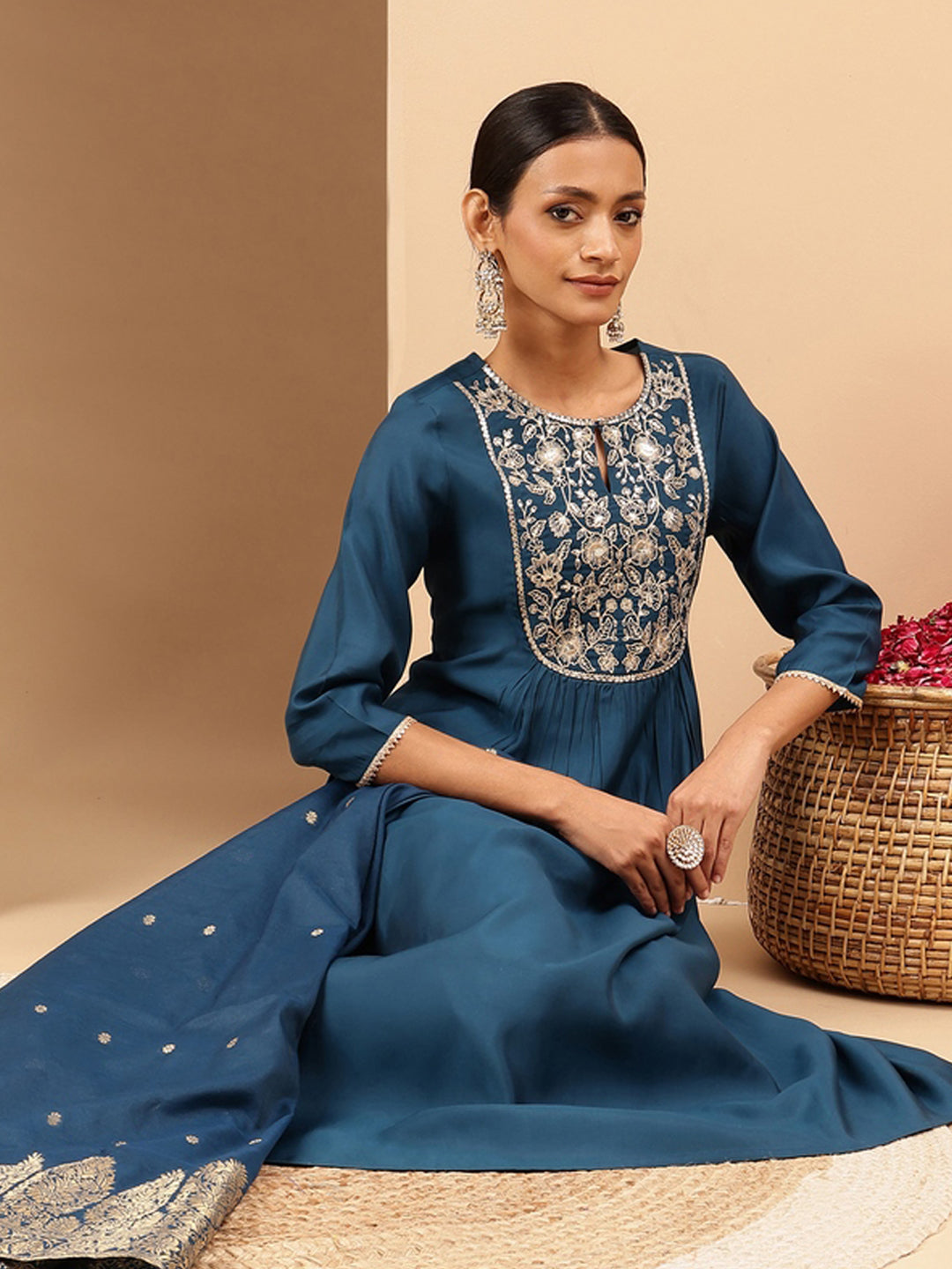 Ninnique Women's Teal Chanderi Silk Zari Yoke Embroidered A-line Kurta Set With Dupatta