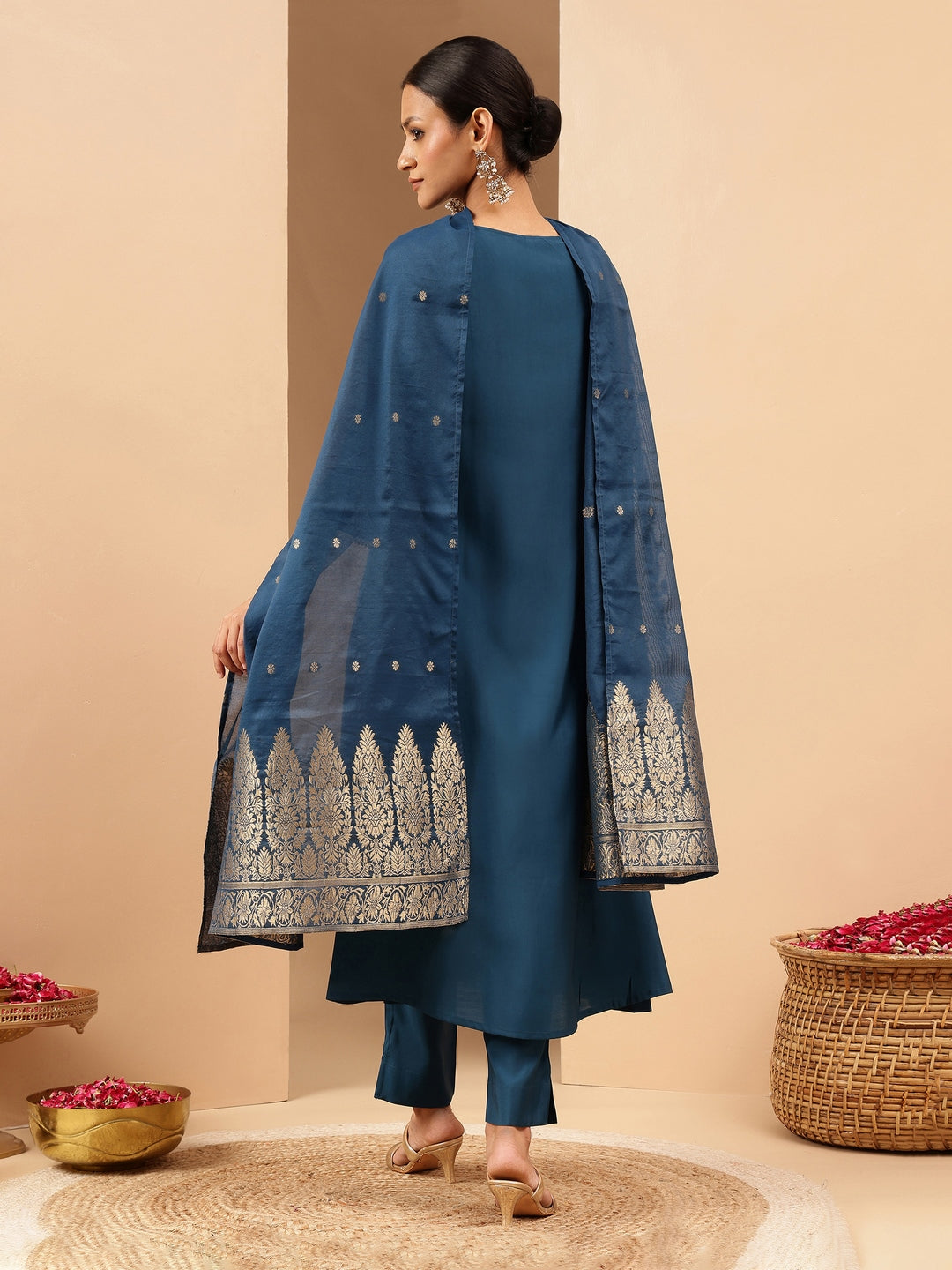 Ninnique Women's Teal Chanderi Silk Zari Yoke Embroidered A-line Kurta Set With Dupatta