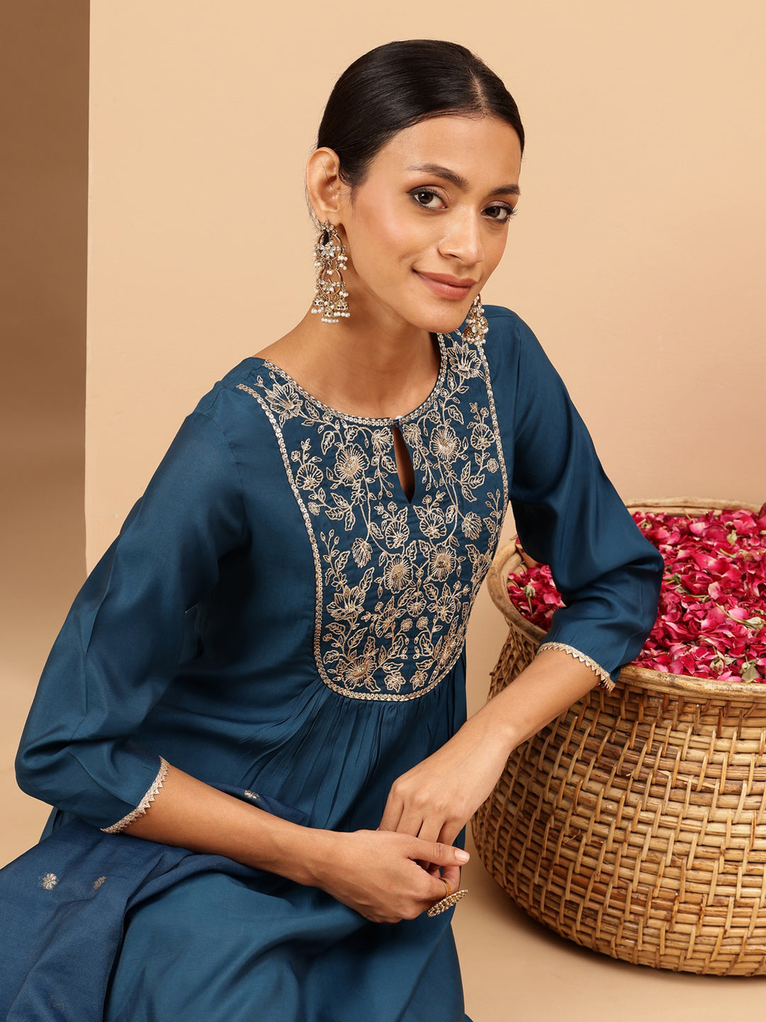 Ninnique Women's Teal Chanderi Silk Zari Yoke Embroidered A-line Kurta Set With Dupatta