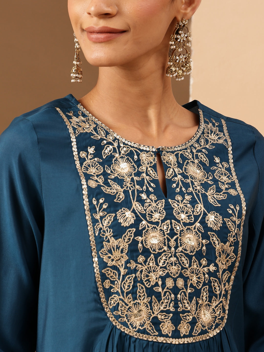 Ninnique Women's Teal Chanderi Silk Zari Yoke Embroidered A-line Kurta Set With Dupatta