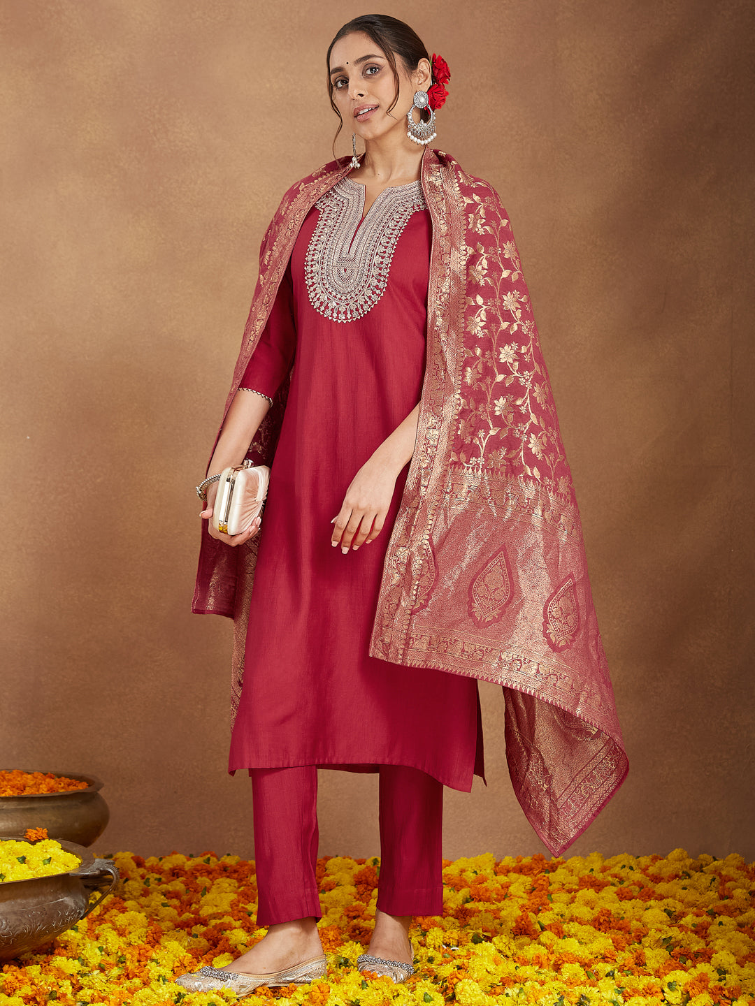 Ninnique Women's Maroon Silk Blend Zari Embroidered Straight Kurta Set