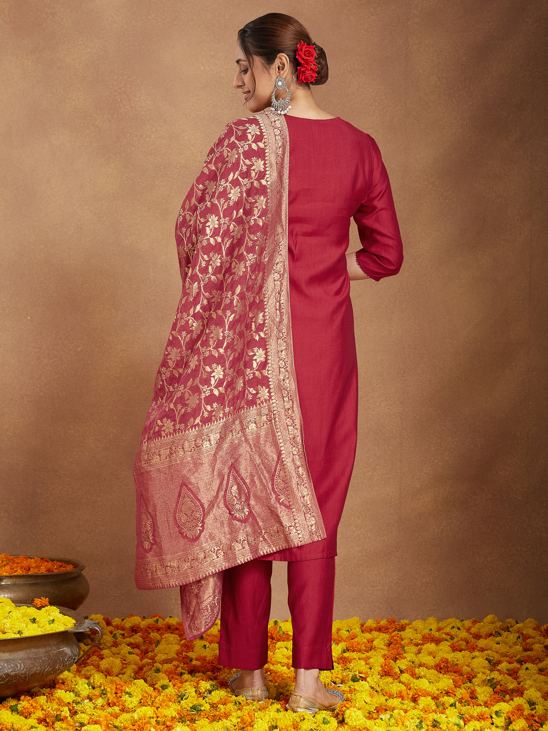 Ninnique Women's Maroon Silk Blend Zari Embroidered Straight Kurta Set