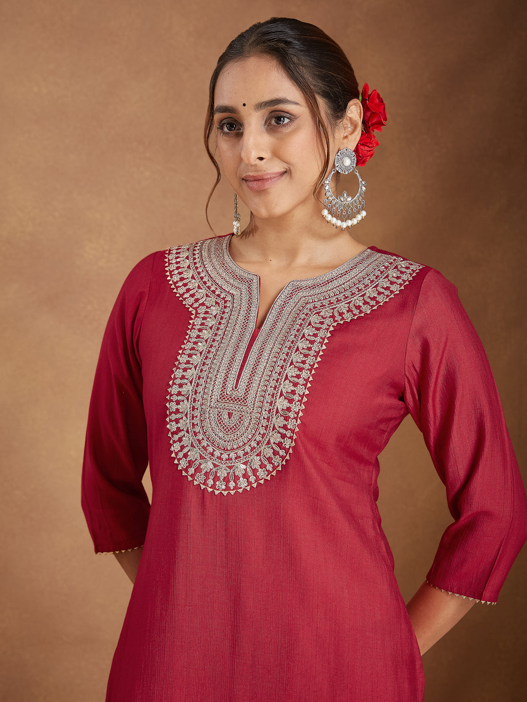 Ninnique Women's Maroon Silk Blend Zari Embroidered Straight Kurta Set