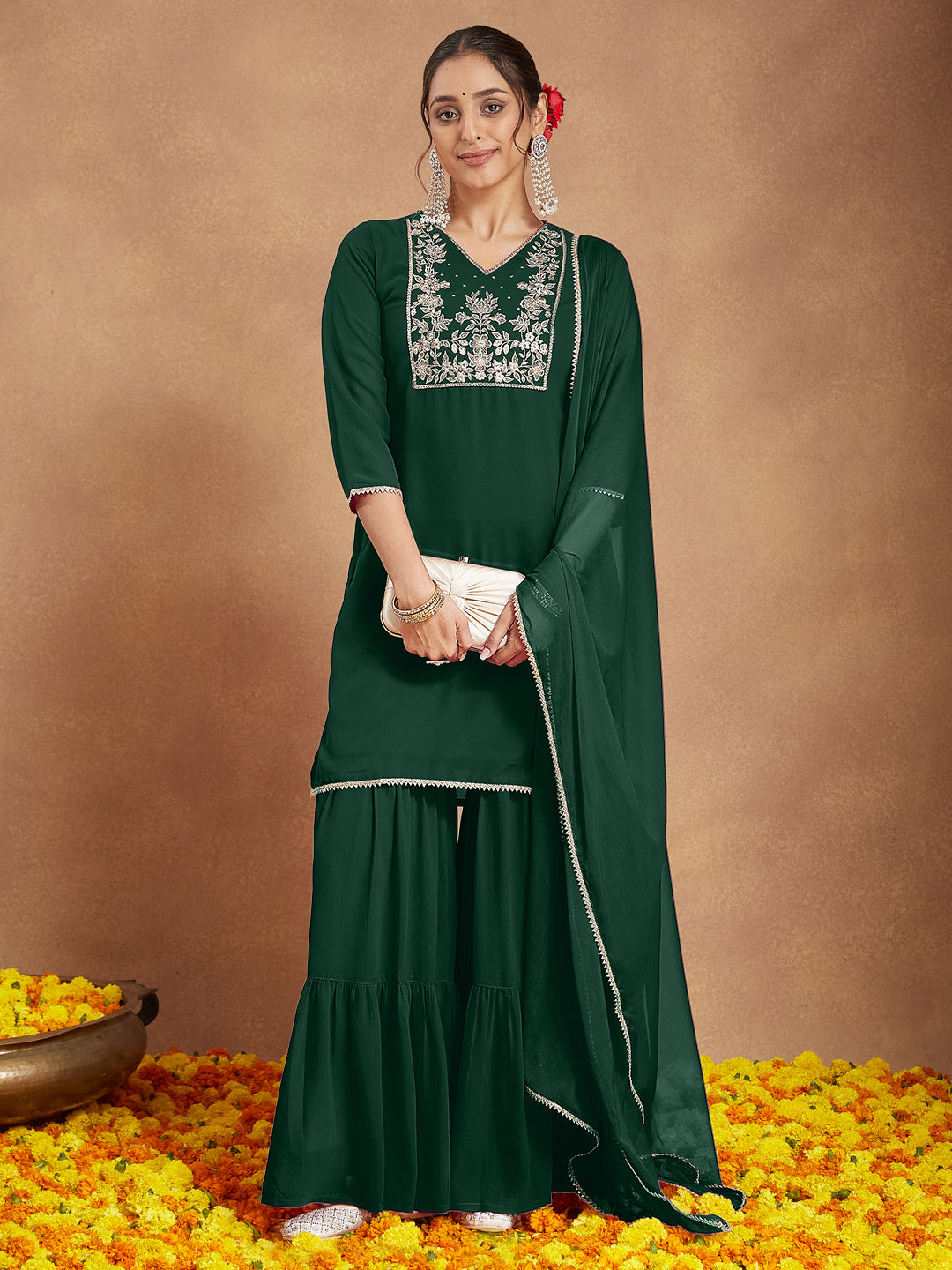 Ninnique Women's Dark Green Georgette Zari Embroidered Straight Kurta With Palazzo & Dupatta Set