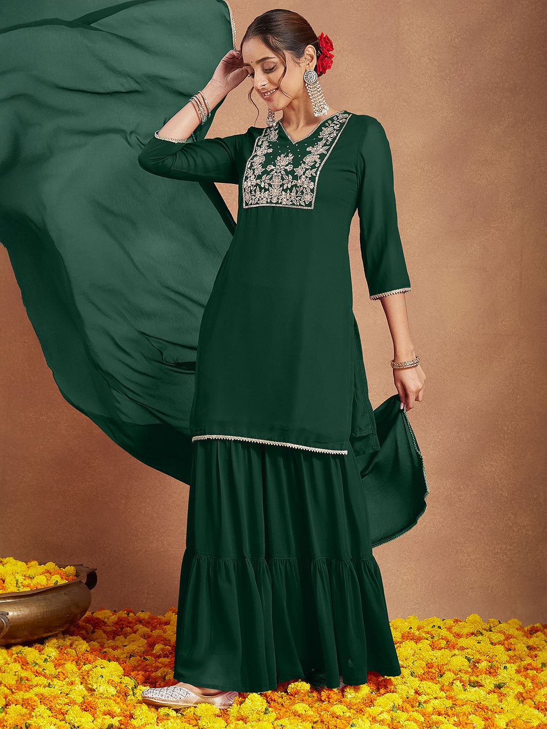 Ninnique Women's Dark Green Georgette Zari Embroidered Straight Kurta With Palazzo & Dupatta Set