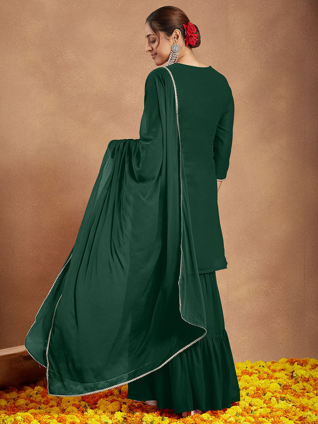 Ninnique Women's Dark Green Georgette Zari Embroidered Straight Kurta With Palazzo & Dupatta Set