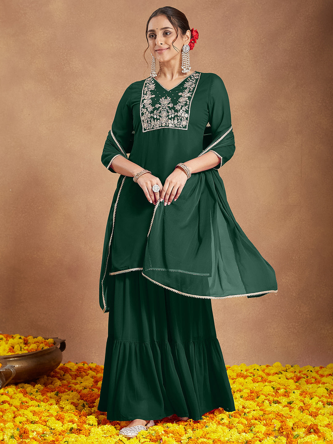 Ninnique Women's Dark Green Georgette Zari Embroidered Straight Kurta With Palazzo & Dupatta Set
